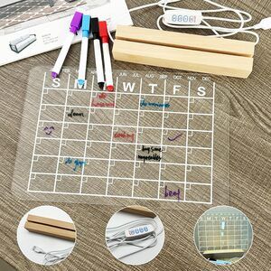 LED Lights Home Office Clear Dry Erase Board Calendar + 4 Markers 13x9 inch